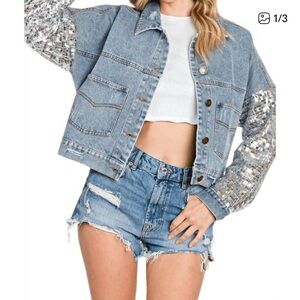 NWT GEEGEE Coastal Cowgirl Sequins Detail Distressed Brittney Jean Denim Jacket